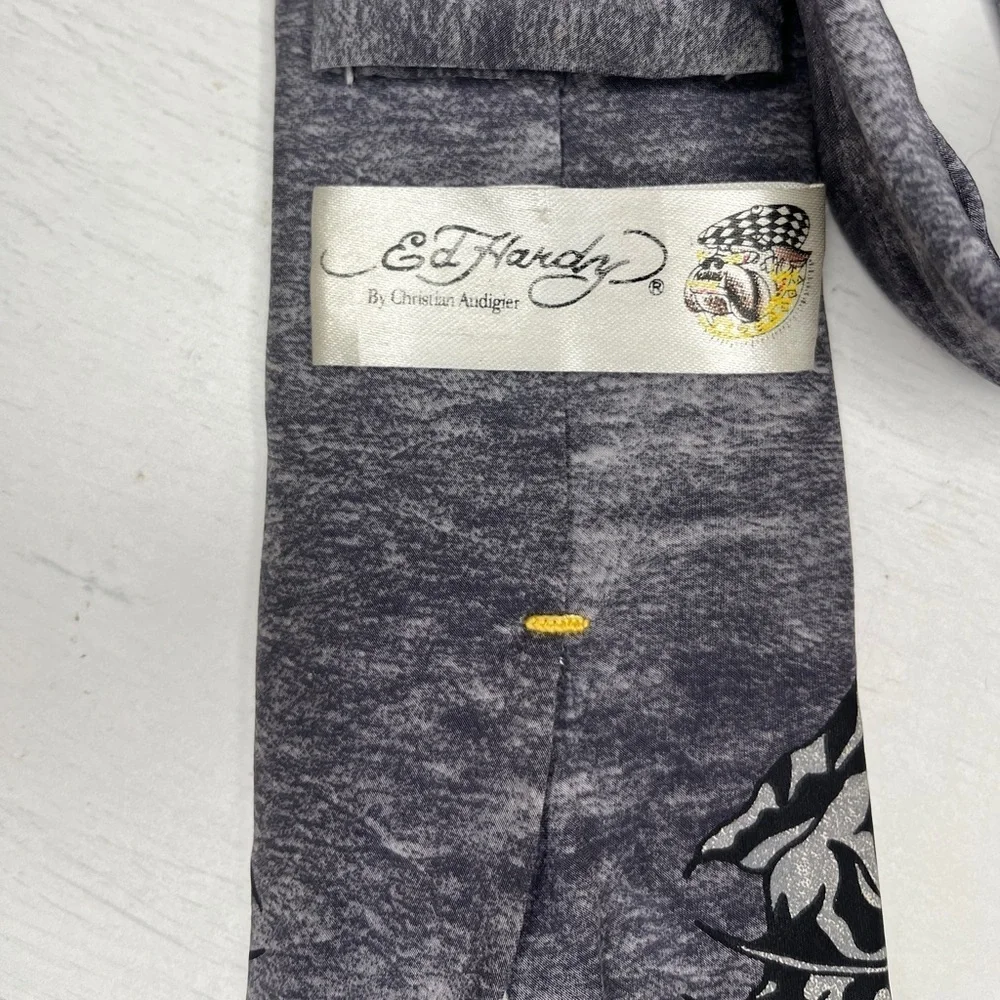 Ed Hardy Gray Tiger Silk Tie Y2K